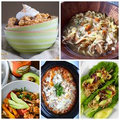 four different pictures of food including pasta, salad and soup