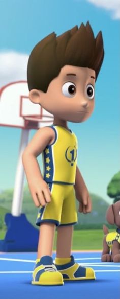 a cartoon boy standing next to a teddy bear on a tennis court with a basketball hoop in the background