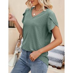 Pea Green Solid V Neck Short Sleeve T-shirt Casual Green V-neck Knit Top, Solid Short Sleeve Tops For Spring, Green Relaxed Fit V-neck Top, Relaxed Fit Short Sleeve Knit Top For Summer, Casual Short Sleeve Summer Knit Top, Green V-neck Knit Top For Summer, Casual Short Sleeve Knit Top For Spring, Green V-neck Casual Top, Casual Green V-neck Top