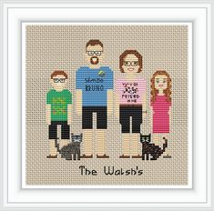 a cross stitch pattern with three people and a cat