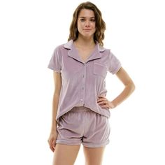 Cozy up in this plush two-piece loungewear set. The notched collar top adds a touch of sophistication while the short sleeve and button-down front offer comfort and style. Contrast piping and a handy chest pocket elevate the look. Pair with the matching shorts featuring a soft waistband and contrast trim for a complete relaxation ensemble. Perfect for lazy mornings, quiet evenings, or whenever you crave ultimate comfort. Size: XL.  Color: Purple.  Gender: female.  Age Group: adult. Two Piece Loungewear, Velour Shorts, Womens Tops Dressy, Strappy Tank Tops, Womens Tops Summer, Contrast Piping, Casual Summer Shirts, Womens Tie, Loungewear Set