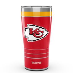 the kansas chiefs logo on a red and yellow tumbler cup is shown in front of a white background