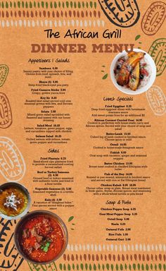 the african grill dinner menu is shown on an orange and brown background with colorful designs