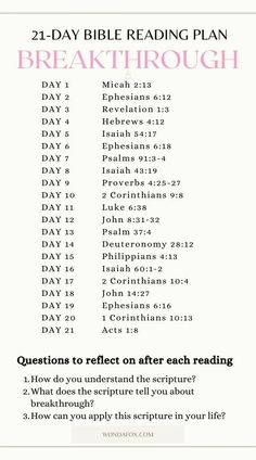 the 21 day bible reading plan is shown in pink and white, with words above it