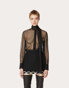 Chiffon Blouse for Woman in Black | Valentino US Chic Sheer Blouse For Formal Occasions, Chic Silk Chiffon Evening Tops, Sheer Silk Office Blouse, Fitted Silk Chiffon Formal Top, Sheer Silk Chiffon Top For Evening, Fitted Sheer Silk Chiffon Blouse, Formal Fitted Silk Chiffon Top, Chic Fitted Silk Chiffon Blouse, Long Sleeve Silk Chiffon Tops For Party