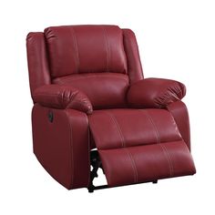 a red recliner chair with two pillows on the back and one arm facing forward