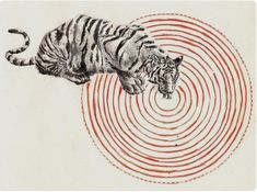 a drawing of a tiger laying on top of a red and white circular design with dots