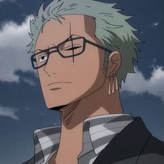 an anime character with glasses staring into the distance, in front of blue sky and clouds