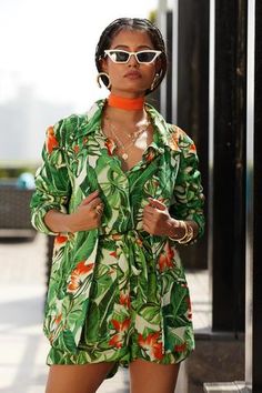 Shop for Eshaa Amiin Green Crepe Printed Blazer And Shorts Set for Women Online at Aza Fashions Tropical Print Outfit, Orange Blazer, Funky Dresses, Jungle Green, Deep Orange, Green Blazer, Blazer Set, Rolled Sleeves, Matching Shorts