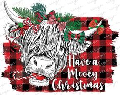 a black and white cow with christmas decorations on it's head, wearing a red plaid