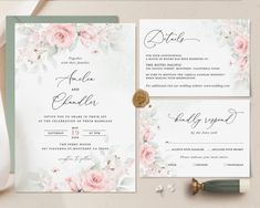 wedding stationery with pink roses and greenery