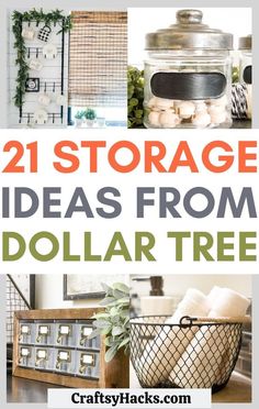 the cover of 21 storage ideas from dollar tree