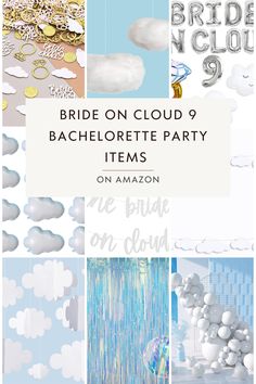 the bride on cloud bachelor party items are in white, blue and silver colors with clouds