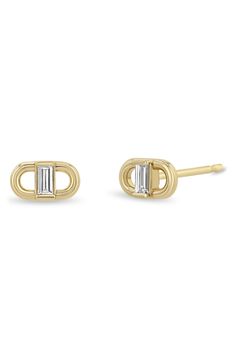 Baguette-cut diamonds intersect these modern link earrings crafted from 14-karat gold. 1/4"W x 1/8"L Post back Total diamond weight: 0.12ct. Color: F–G Clarity: VS–SI 14k gold/diamond Made in the USA >Diamond Guide Diamond Earring Studs, Modern Gold Diamond Earrings With Baguette Diamonds, Modern Gold Baguette Diamond Earrings, Modern Baguette Earrings For Formal Events, Modern Baguette Earrings For Formal Occasions, Modern Yellow Gold Diamond Earrings With Baguette Diamonds, Modern Gold Diamond Earrings With Baguette Cut, Modern Gold Baguette Cut Diamond Earrings, Modern Baguette-shaped Gold Earrings