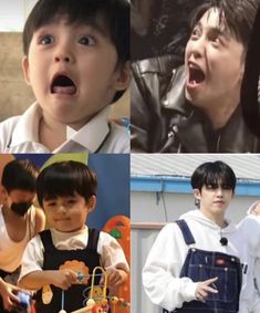 four different pictures of young children with their mouths open and hands on their hipss