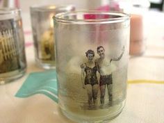 three pictures of two men in shorts and one with his arms around each other, on glass jars