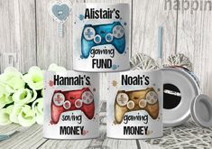 three personalized coffee mugs with video game controllers on them and the words, hannah's saving money