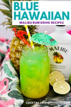 This Malibu rum Blue Hawaiian drink is a tropical vacation in a glass. Pretty blue green rum drink made with Malibu rum. Great for spring party drinks, summer pool parties and a delicious mixed rum cocktail anytime. Boozy tropical drink recipe you will love. Malibu Pineapple Drinks, Mixed Drinks With Malibu Rum, Malibu Drinks Recipes, Malibu Rum Drinks Recipes Easy, Tropical Drinks Recipes Alcohol, Tropical Alcoholic Drinks, Malibu Mixed Drinks, Blue Hawaiian Drink, Cocktails With Malibu Rum