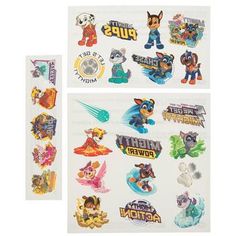 three different stickers with cartoon characters on them