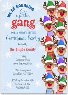 christmas party flyer with reindeers in hats and snowflakes on the bottom corner