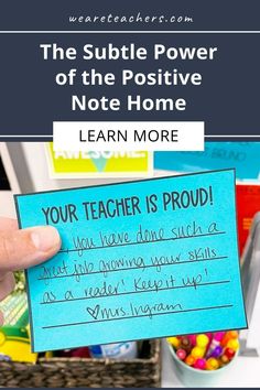 a person holding up a note that says, the subtle power of the positive note home learn more