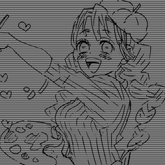 a black and white drawing of a girl holding a frying pan with food on it