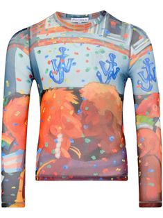 multicolour stretch-design semi-sheer construction all-over graphic print crew neck long sleeves straight hem When buying this unisex item, keep in mind that it is graded in standard men's sizing. Multicolor Long Sleeve T-shirt With All Over Print, Patterned Long Sleeve Graphic T-shirt, Long Sleeve Tops With Digital Print For Summer, Multicolor Digital Print Long Sleeve Tops, Multicolor Long Sleeve Top With Digital Print, Multicolor Print Crew Neck Top With Screen Print, Multicolor Screen Print Crew Neck Top, Multicolor Long Sleeve Tops With Graphic Design, Blue Digital Print Crew Neck Top