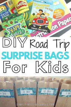 some cardboard bags with the words diy road trip surprise bags for kids on them