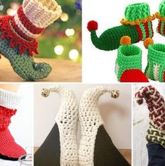 crocheted christmas stockings and booties are featured in this collage, including one for the elf