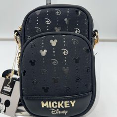 Disney Mickey Black On Black Pattern With Gold Crossbody Bag Beautiful Disney D Gold Zipper Pull Black Mickey Mouse Travel Bag, Disney Black School Bags, Disney Style Black School Bags, Black Disney Rectangular Bag, Disney House Ideas, Disney Office, Gold Crossbody Bag, Disney House, Disney Bags