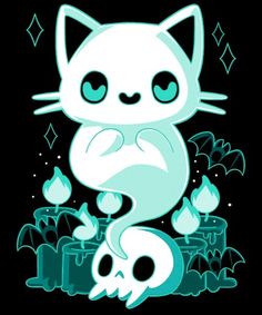 a white cat sitting on top of a pile of skulls next to a black background