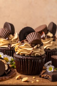 three chocolate cupcakes with peanut butter frosting