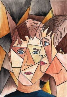 an abstract painting of three people with different colored faces and shapes in the middle one man has his head tilted to the side