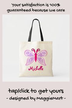 Pink Purple Butterfly Name Tote Bag #pink #purple #butterfly #cute #girly #ToteBag #butterfly #insects #pretty #personalized #butterflies #wings #pastel Purple Canvas Tote Bag For Daily Use, Purple Party Tote Shoulder Bag, Hot Pink Bag With Butterfly, Tote Bag Butterfly Design, Pink Purple Butterfly, Butterflies Wings, Elegant Purple Tote Bag, Butterfly Cute, Butterfly Designs