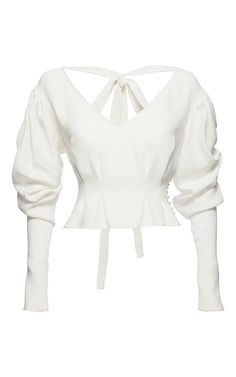 Lucena Shirt by MAGDA BUTRYM Now Available on Moda Operandi Bead Fashion, Gothic Blouse, White Silk Top, Etsy Clothes, Lantern Sleeve Top, V Neck Shirts, Street Clothing, Puff Sleeve Crop Top, Magda Butrym