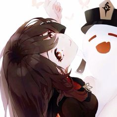 an anime character is hugging a snowman