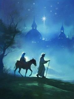 the nativity scene depicts jesus and mary riding on horses in front of a castle