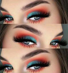 Beautiful orange and turquoise with brown eyes! Looks gorgeous 🎀 Machiaj Smokey Eyes, Carnival Makeup, Eye Makeup Steps