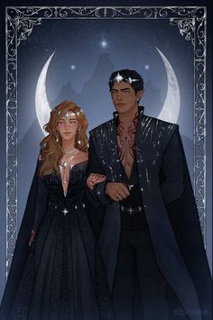 a man and woman standing next to each other in front of a moon filled sky