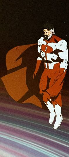 an animated image of a man in red and white with a cape on his head