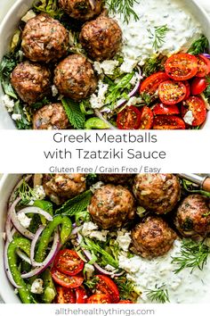 greek meatballs with tzatzka sauce in a white bowl on a table