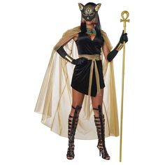 CALIFORNIA COSTUMES Costumes Feline Egyptian Goddess Costume for Adults, Black Dress Egyptian Fancy Dress, Egyptian Goddess Costume, Egyptian Collar, Bastet Goddess, Goddess Bastet, Halloween Infantil, Ancient Egyptian Goddess, California Costumes, Goddess Costume