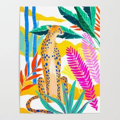 a painting of a leopard surrounded by tropical leaves