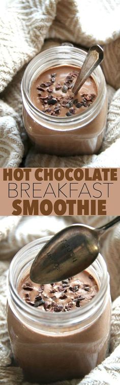 hot chocolate breakfast smoothie in a glass jar with a spoon on top and the recipe below