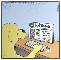 a cartoon dog sitting at a computer with the caption's button on it