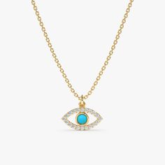 This captivating necklace features a mesmerizing turquoise stone at its center, believed to protect from negativity and inspire tranquility. Surrounded by sparkling diamonds, it forms a radiant evil eye symbol. Crafted from 14k yellow gold, this necklace offers a touch of luxury and timeless design. The pendant hangs from a dainty chain, making it a perfect everyday piece that adds a touch of cultural flair to any outfit. - Handmade - Solid Gold - Natural Diamonds  - G Color, SI Quality Diamonds - Total Diamond Carat Weight: 0.11 ctw - Total Turquoise Carat Weight: 0.15 ctw - Size of Eye: 11 x 6 mm 🛠 Your Sarah Elise piece is handcrafted with care! Ready-to-ship items go out within 3 business days. Made-to-order pieces typically take 7-10 business days to create. If you need something soo Turquoise Evil Eye Amulet Necklace, Turquoise Evil Eye Amulet Jewelry, Blue Gemstone Symbolic Necklace, Symbolic Blue Gemstone Necklaces, Symbolic Blue Gemstone Necklace, Turquoise Birthstone Pendant Necklace, Symbolic Turquoise Necklace For Gift, Turquoise Eyes, Diamond Evil Eye