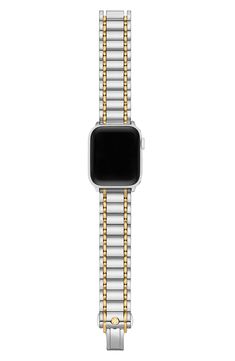 The double-T logo lends signature style to a two-tone link bracelet that provides an elegant finish for your Apple Watch. Apple Watch not included Compatible with all 38mm-41mm Apple Watch styles Stainless steel/goldtone plate Made in Japan Classic Silver Apple Watch Band With Polished Finish, Luxury Silver Watch Band With Solid Link Construction, Modern White Gold Apple Watch Band With Bracelet Strap, Modern White Gold Bracelet Strap Apple Watch Band, Modern White Gold Apple Watch Bracelet Strap, Modern White Gold Watch Bands With Bracelet Strap, Modern White Gold Bracelet Strap Watch Bands, Modern Polished Apple Watch Band For Formal Occasions, Modern Formal Apple Watch Band With Polished Finish