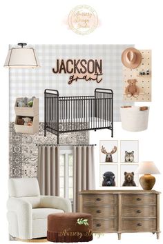 a baby's nursery room is shown with furniture and decor, including a crib