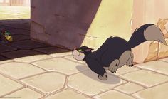 an animated character is walking on the ground with another character in front of him and behind him