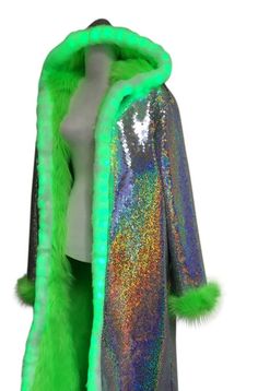 You aren't dreaming this coat really does light up and you can have it any way you like it! Our LED Light Up Jacket has the most luxurious faux fur on the planet and reversible sequin exterior fabric. FEATURES & SPECIFICS: All in your choice of colors Because of the LED lights the jackets with lights must have white trim, no exceptions IF you don't have LED lights it can be whatever color you choose LED Light set up includes battery and remote that live inside a hidden, built-in pocket All jacke Aurora Borealis Outfit, Light Up Jacket, Led Jacket, Festival Coats, Festival Outfits Men, Rave Fits, Burning Man Costume, Rave Costumes, Light Trim